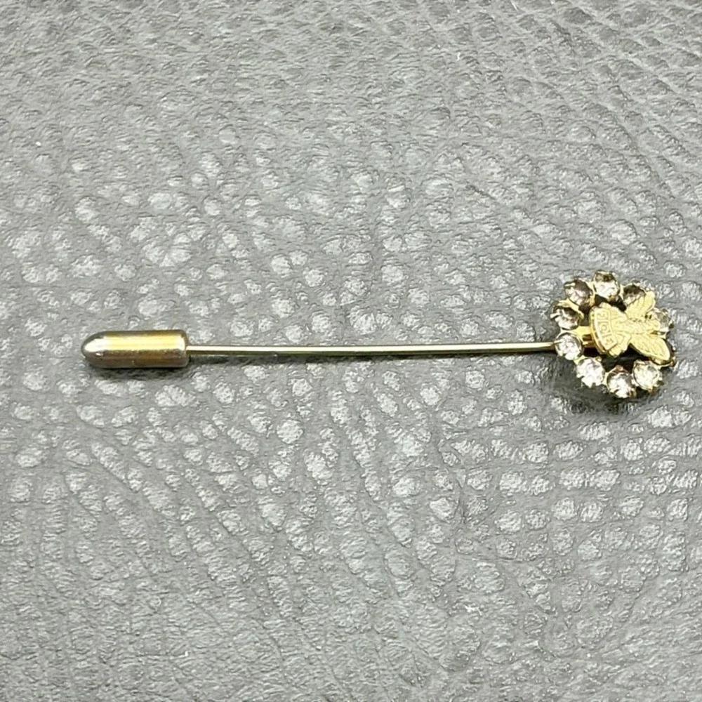 Vintage FOE Fraternal Order of Eagles Rhinestone‎ Gold Tone Stick Pin 2.5 Inch